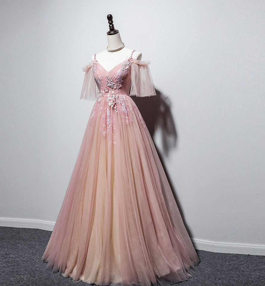 Pink v neck tulle long prom dress evening dress  8455
