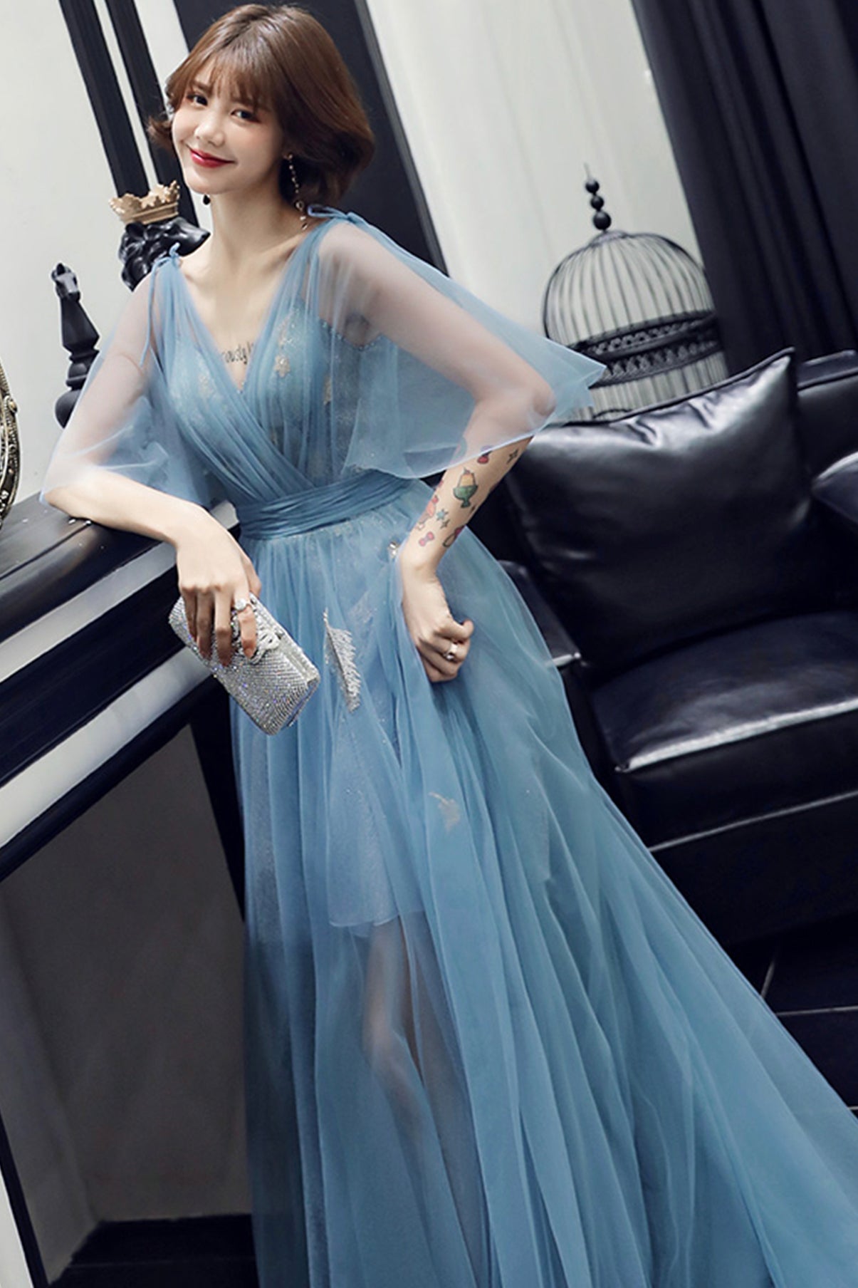 Blue tulle long A line prom dress blue evening dress  8760