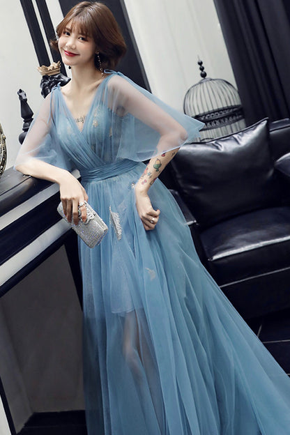 Blue tulle long A line prom dress blue evening dress  8760