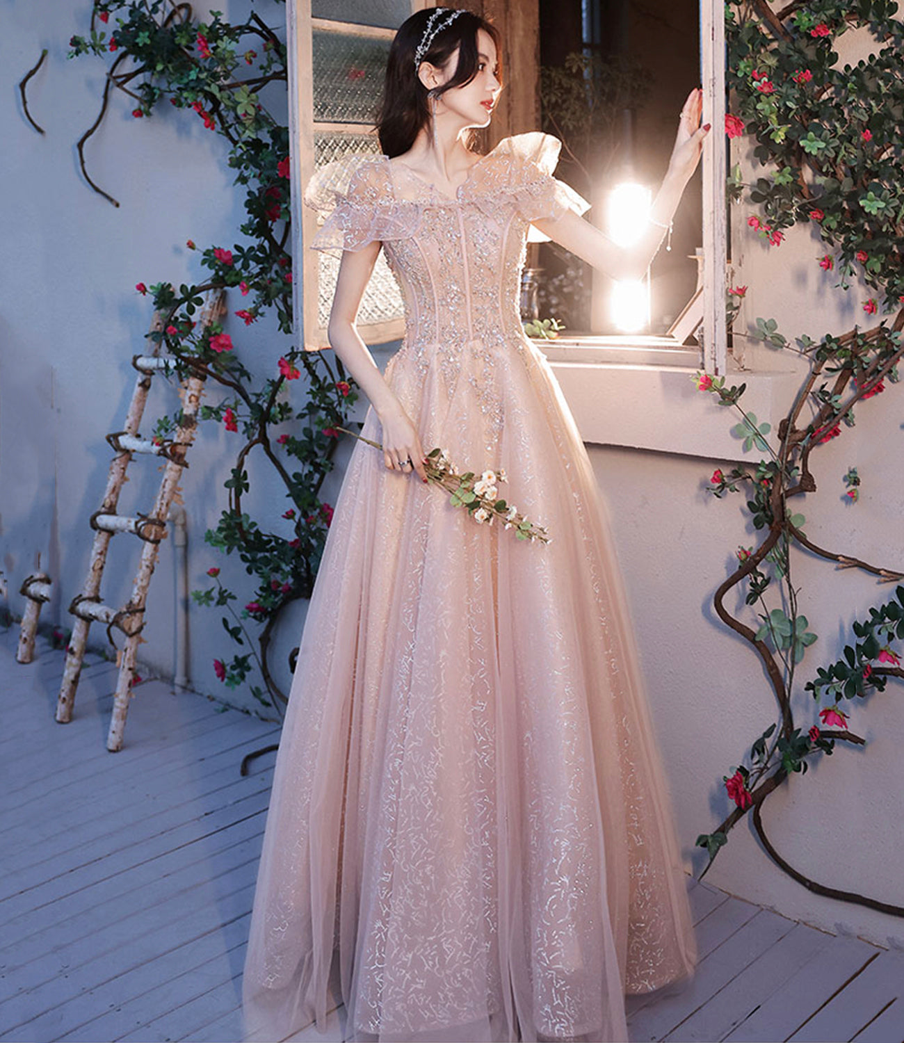 Pink tulle beads long prom dress A line evening dress  10487