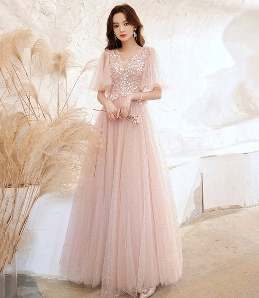 Pink tulle lace long prom dress pink evening dress  10525