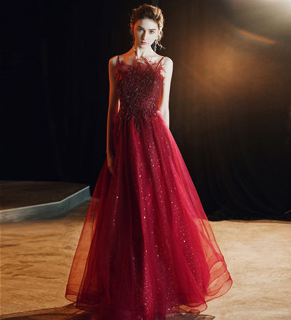 Unique burgundy lace prom dress formal dress  8237