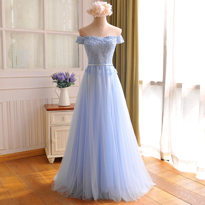 Blue tulle lace long prom dress, blue evening dress  8012