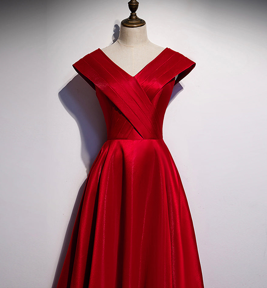 Burgundy v neck satin long prom dress evening dress  8384