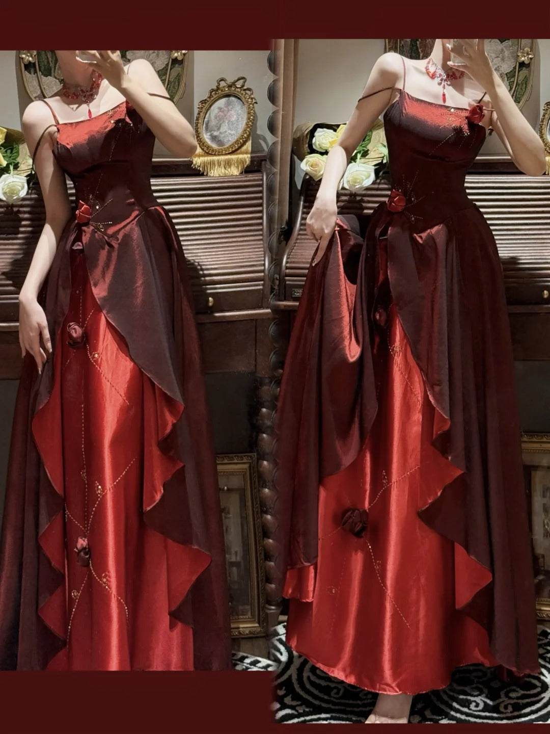 Burgundy Exquisite Beaded Long Floral Satin Tulle Ball Gown Evening Gown Graduation Gown gh4255