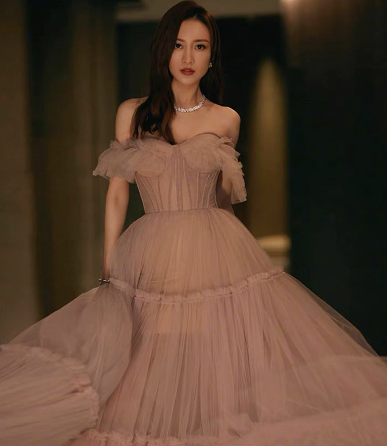 Pink tulle long prom dress A line evening dress  10336