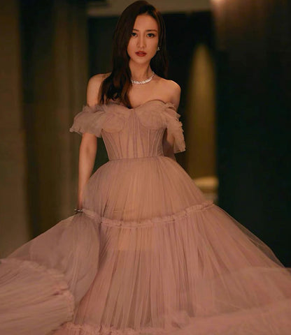 Pink tulle long prom dress A line evening dress  10336