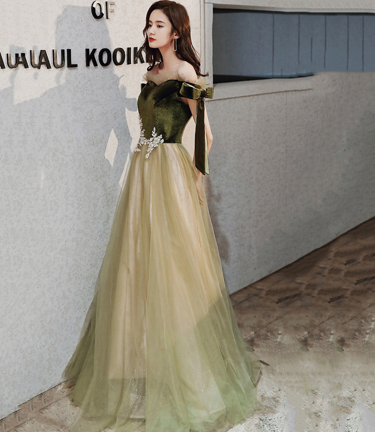 Green velvet tulle long A line prom dress evening dress  8828