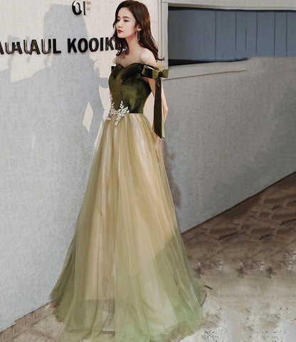 Green velvet tulle long A line prom dress evening dress  8828