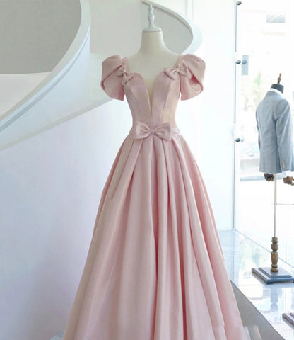 Pink satin long A line prom dress pink evening dress  8938