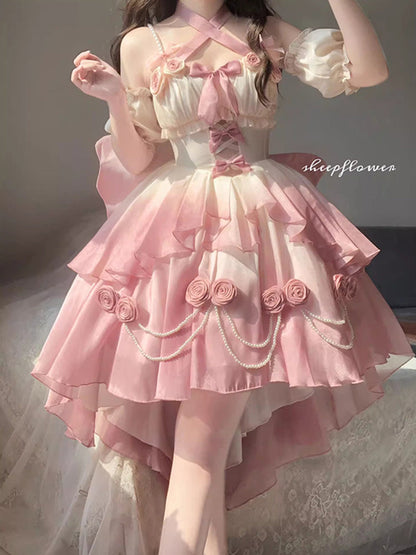 Vintage Ball Gown Halter Short Sleeves 16th Ombre Pink Birthday Dress Lolita Dress Birthday Outfits W1125