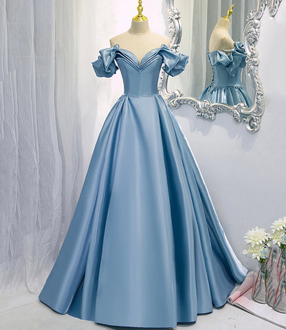 Shiny satin long A line prom dress blue evening dress  8845