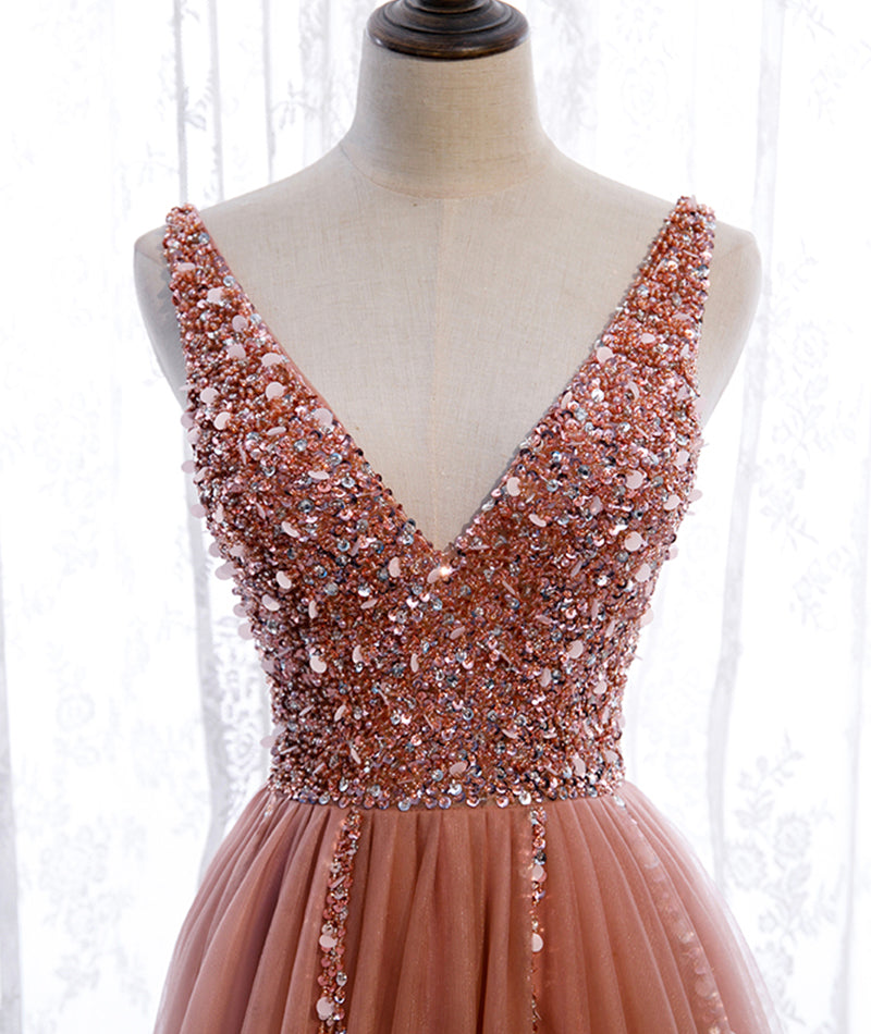 Pink v neck tulle beads prom dress A line evening dress  8377