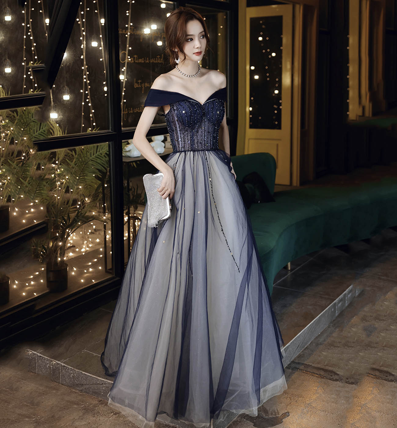 Blue tulle beads long prom dress blue evening dress  8612