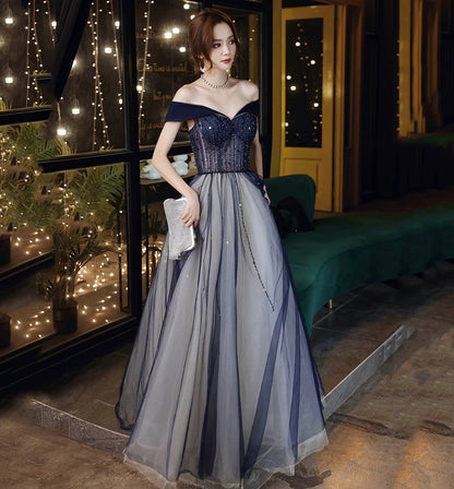 Blue tulle beads long prom dress blue evening dress  8612