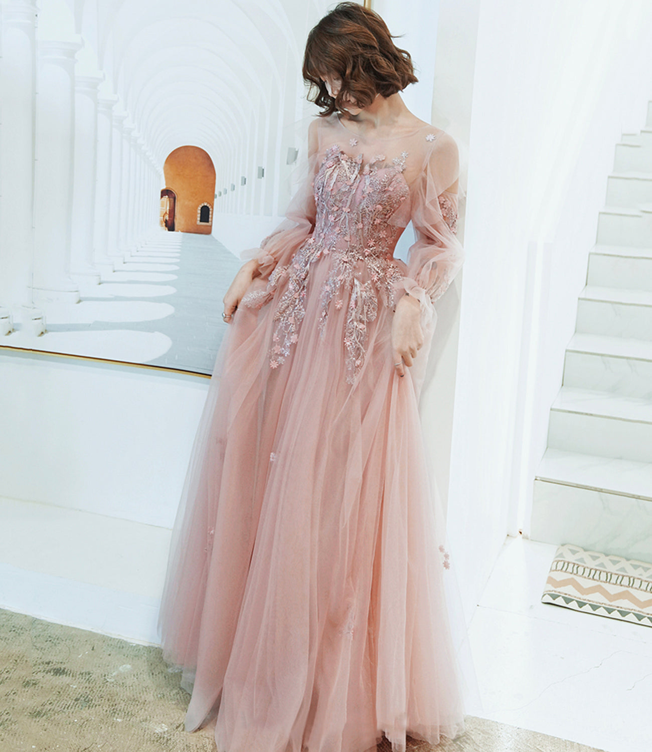 Pink tulle lace long prom dress pink evening dress  10267