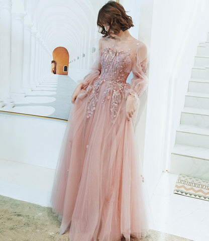 Pink tulle lace long prom dress pink evening dress  10267