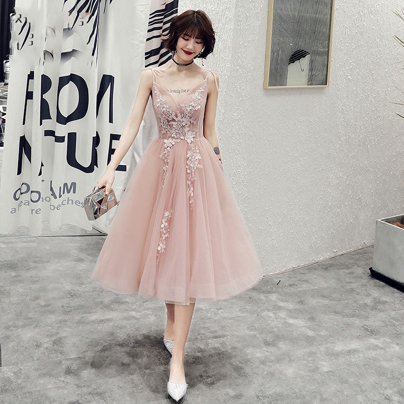Pink v neck tulle lace short prom dress, evening dress  7987