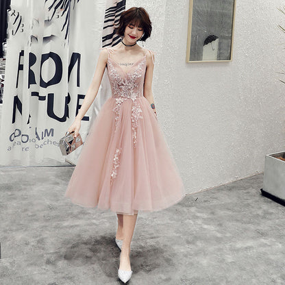 Pink v neck tulle lace short prom dress, evening dress  7987