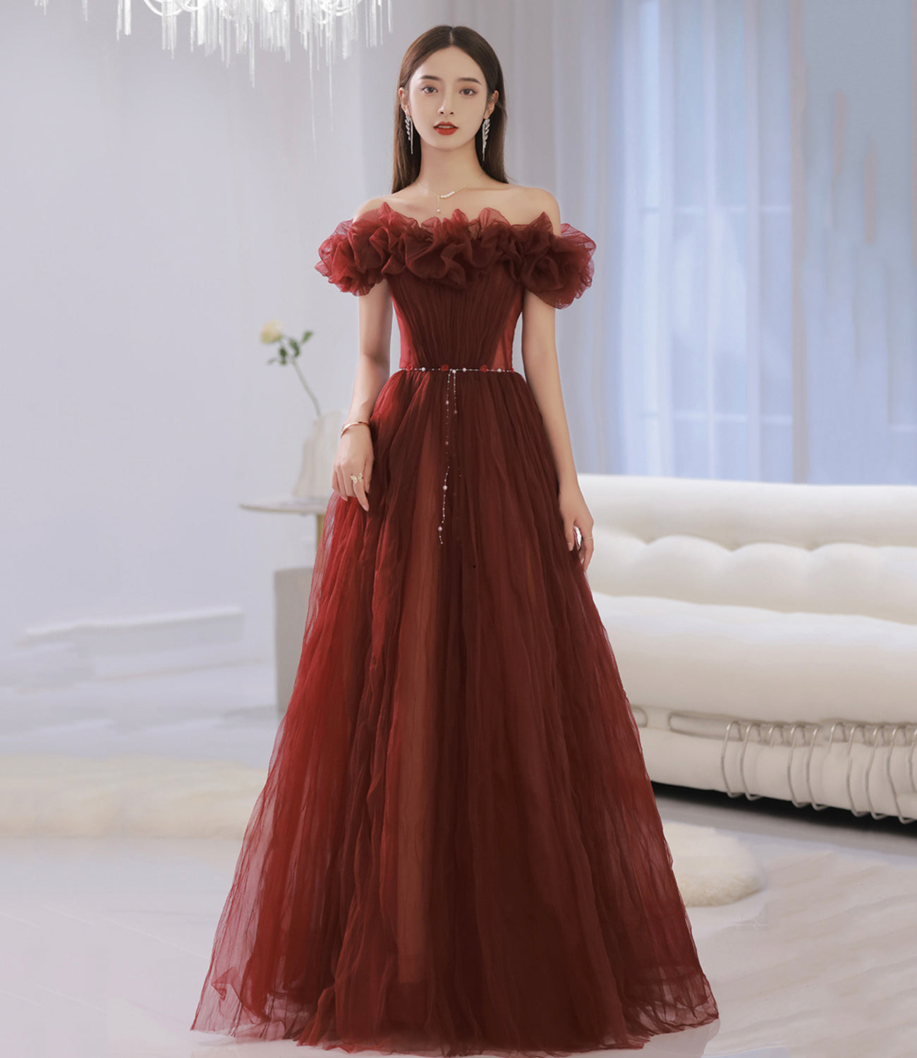Unique tulle long prom dress off shoulder evening dress  8862