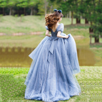 Blue tulle long A line prom dress blue evening dress  8865