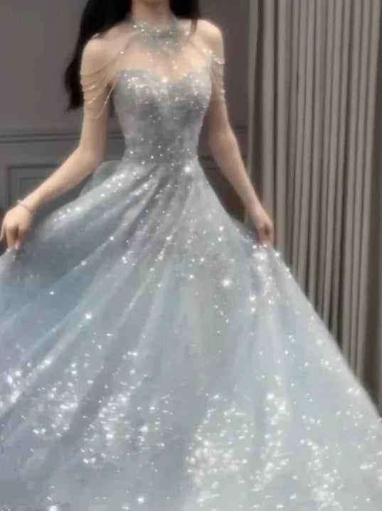 Light blue elegant gorgeous exquisite beaded long Tulle shining ball gown evening dress wedding dress gh4353