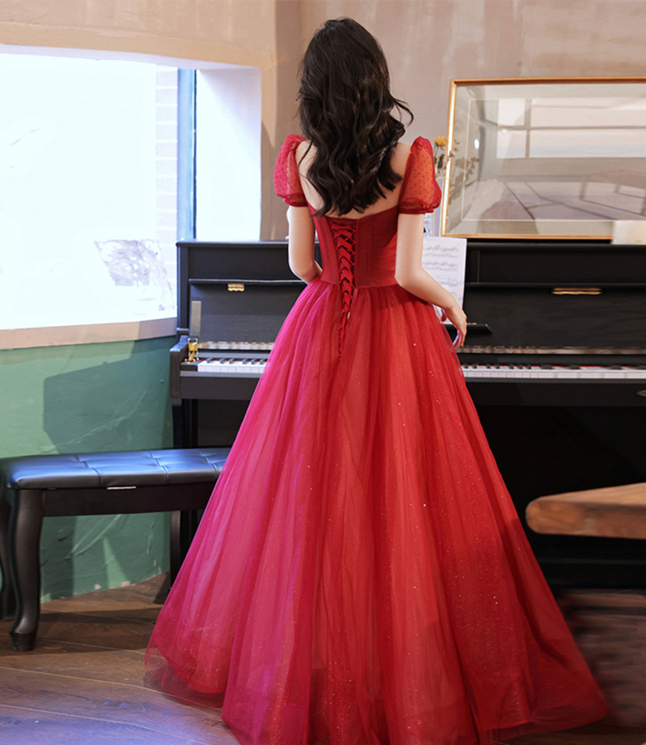 Burgundy tulle beads long prom dress evening gown  10214