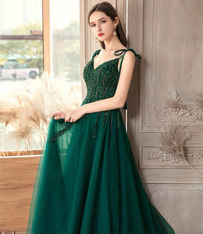 Green tulle lace long prom dress A line evening dress  10366