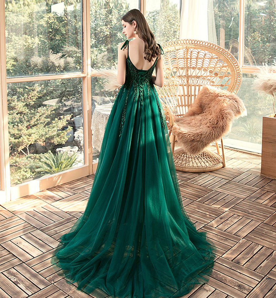 Green tulle lace long prom dress evening dress  8458