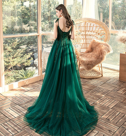 Green tulle lace long prom dress evening dress  8458