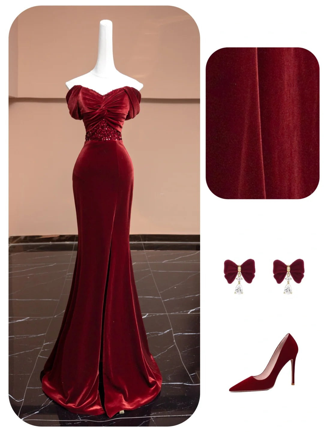 Burgundy Velvet Beading Elegant Fashion Long Mermaid Slim Prom Dress Evening Dress Party Dress gh4877