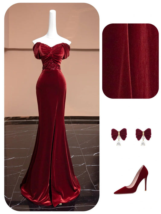 Burgundy Velvet Beading Elegant Fashion Long Mermaid Slim Prom Dress Evening Dress Party Dress gh4877