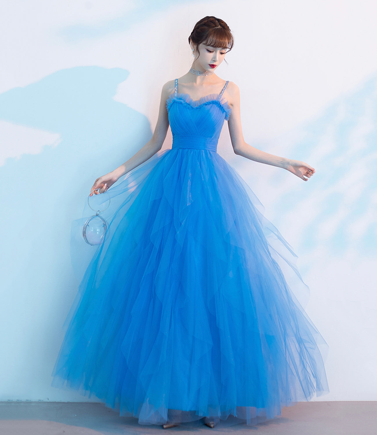 Blue tulle long A line prom dress blue evening dress  8904