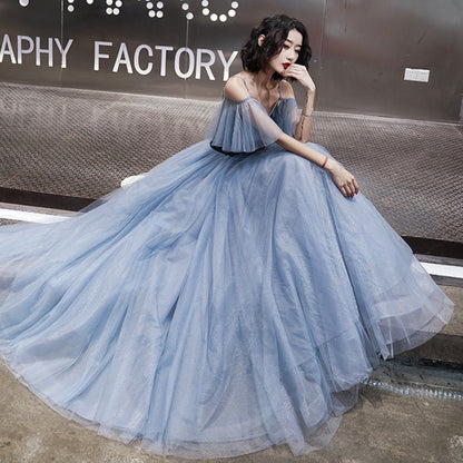 Blue tulle long A line prom dress evening dress  8995