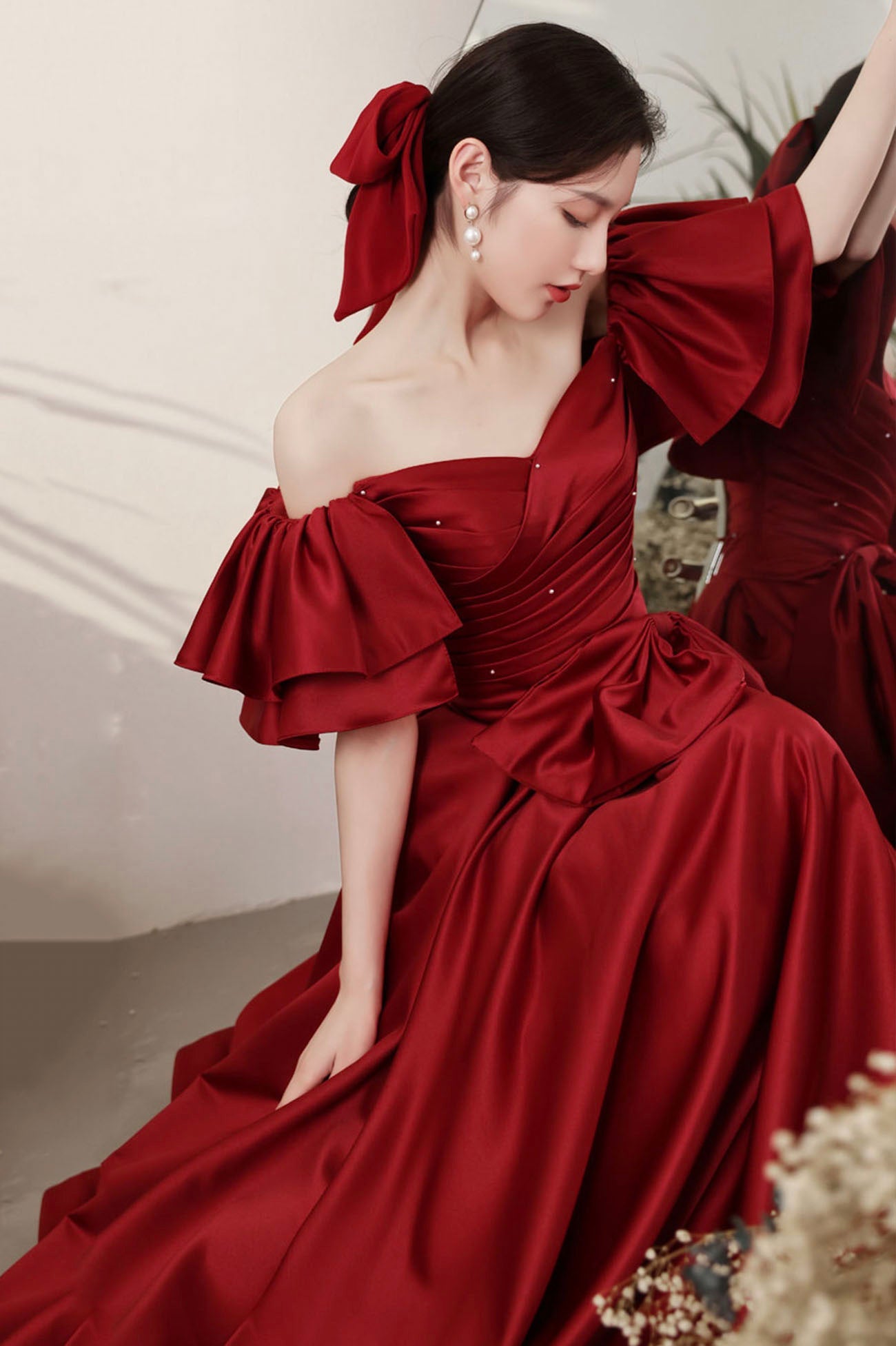 Burgundy satin long prom dress A line evening dress  10601