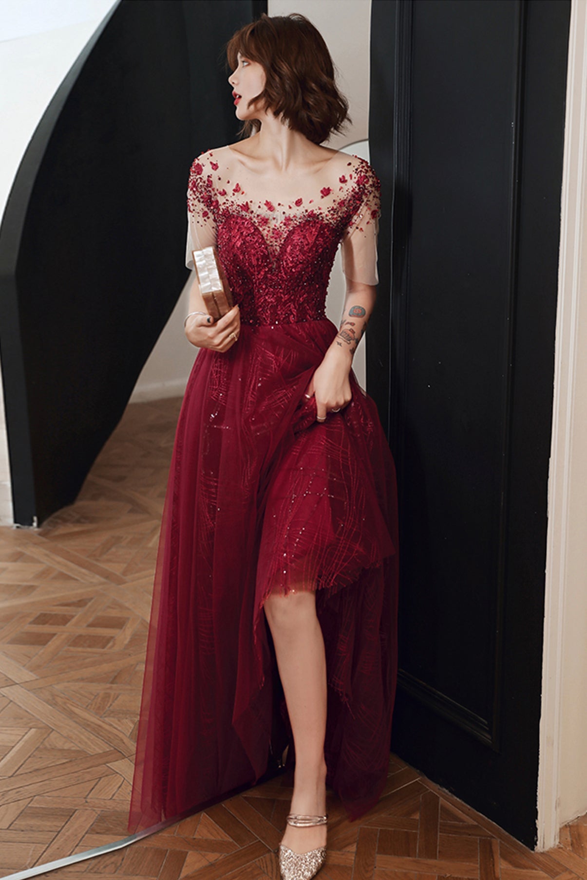 Burgundy tulle beads long A line prom dress evening dress  8756