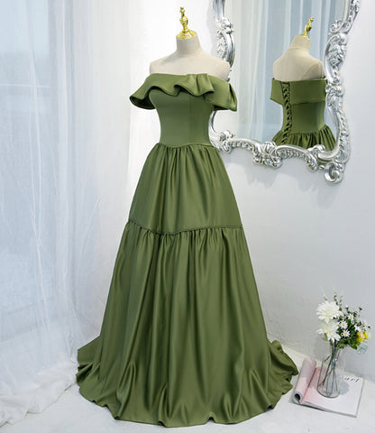 Green satin long A line prom dress green evening dress  8819