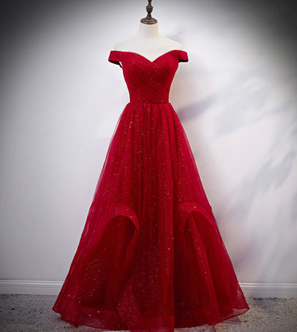 Burgundy tulle long prom dress evening dress  8389