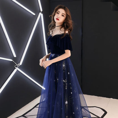 Blue velvet tulle prom dress A line evening dress  8480