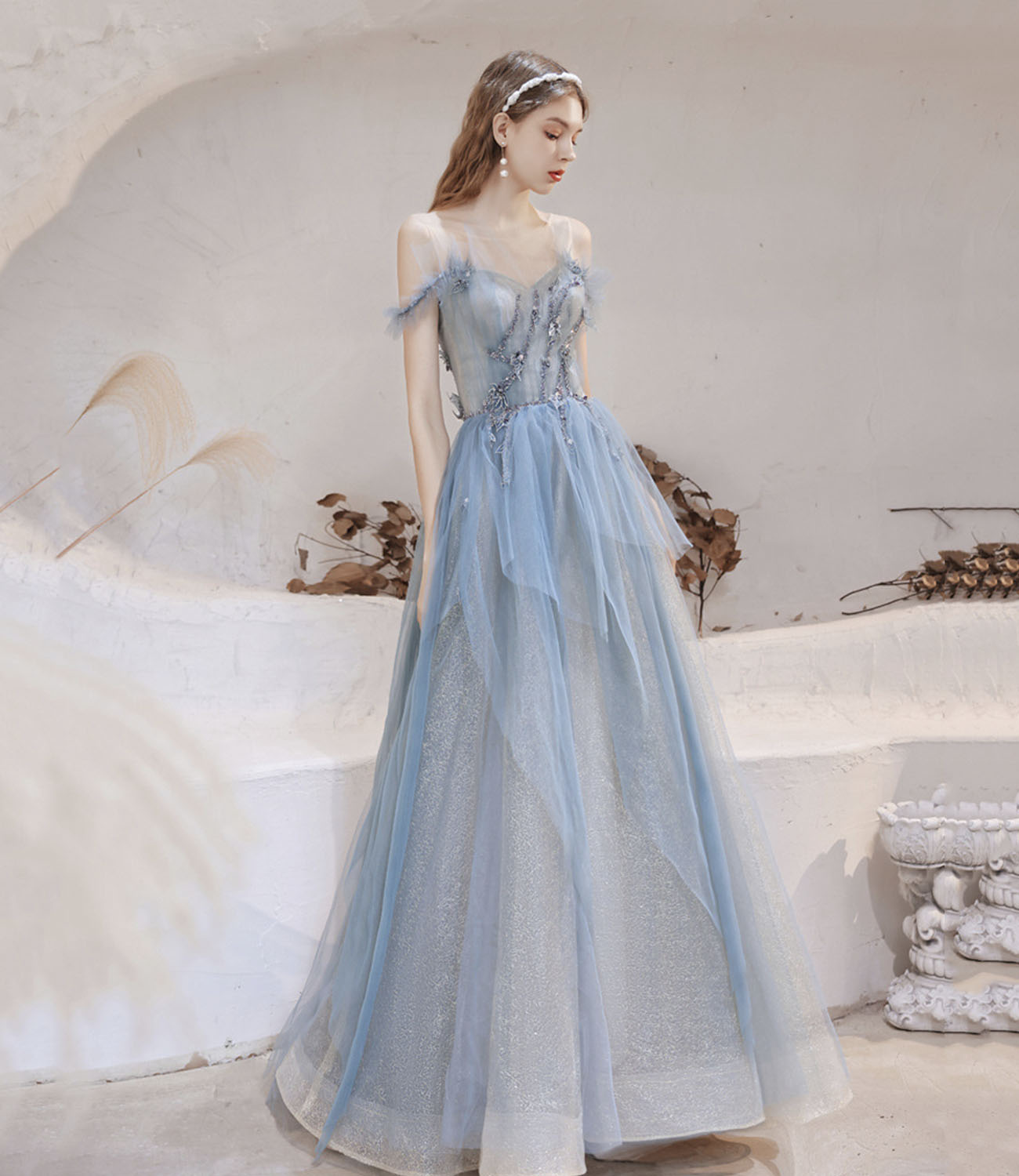 Blue tulle beads long prom dress blue evening dress  10283