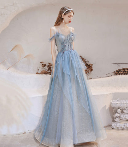 Blue tulle beads long prom dress blue evening dress  10283