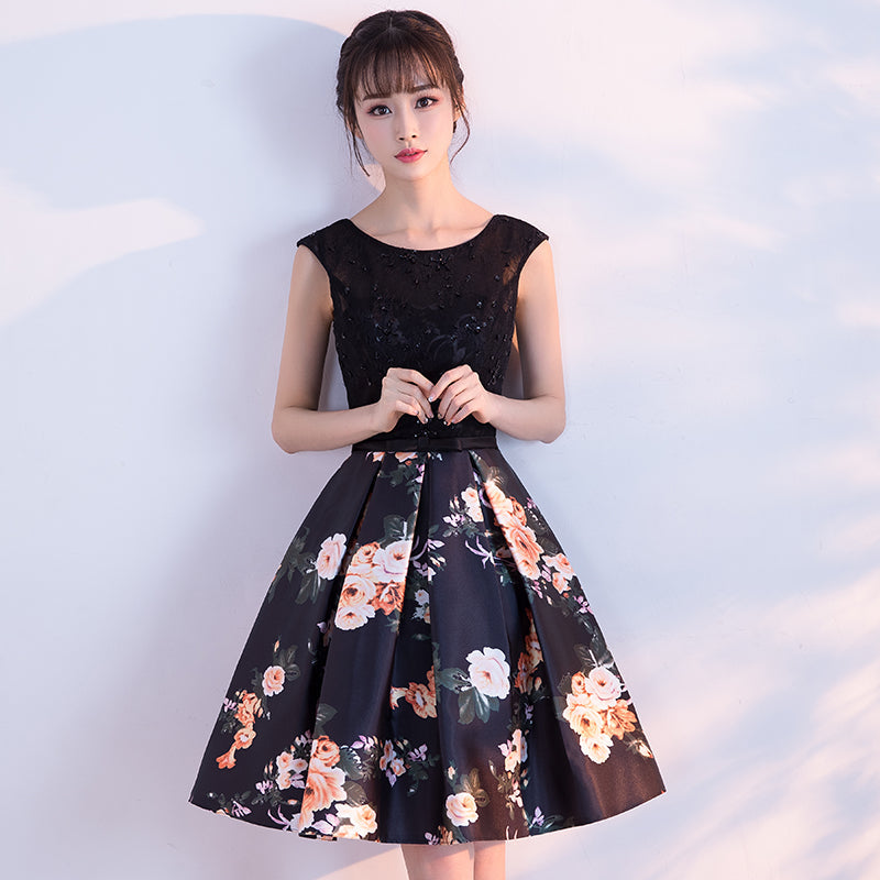 Black round neck floral pattern short prom dress, homecoming dress  7853