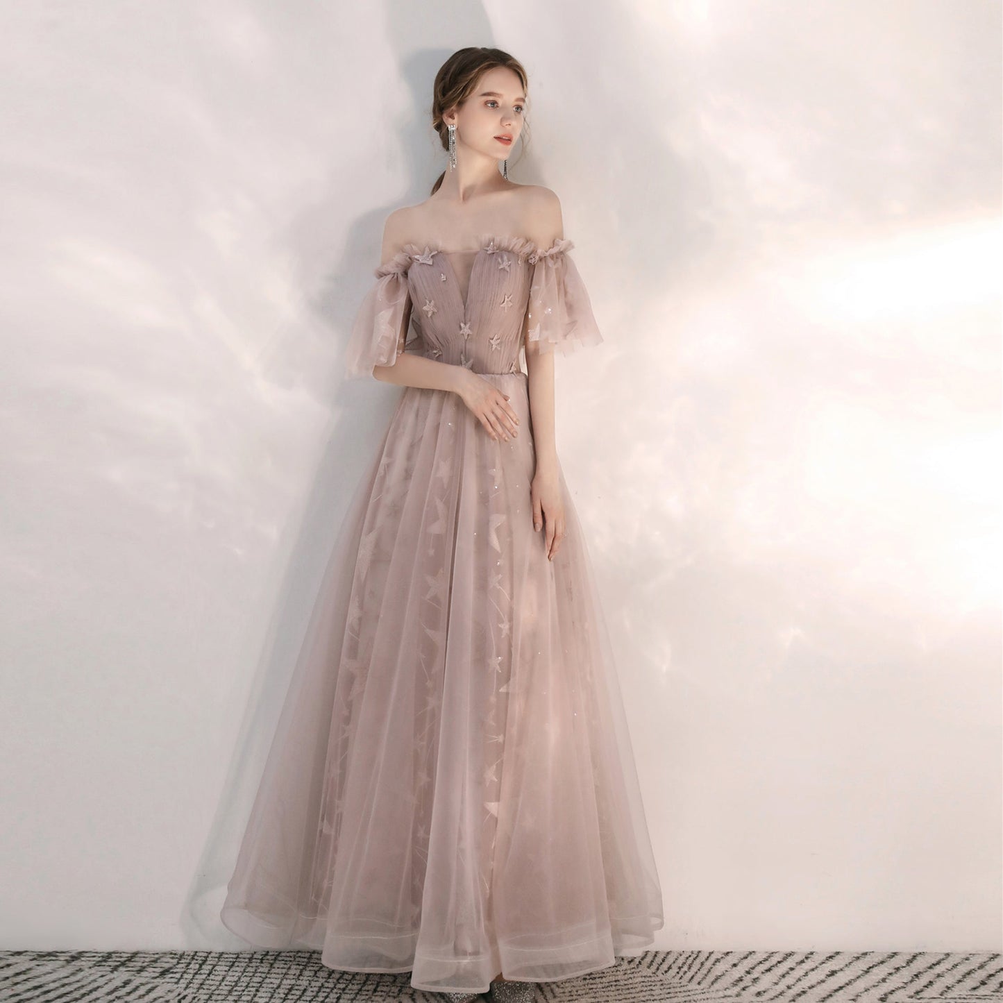 Light pink tulle long prom gown  8170