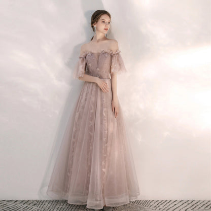 Light pink tulle long prom gown  8170