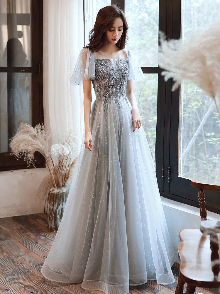 Gray tulle beads prom dress evening dress  8378
