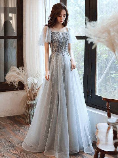 Gray tulle beads prom dress evening dress  8378
