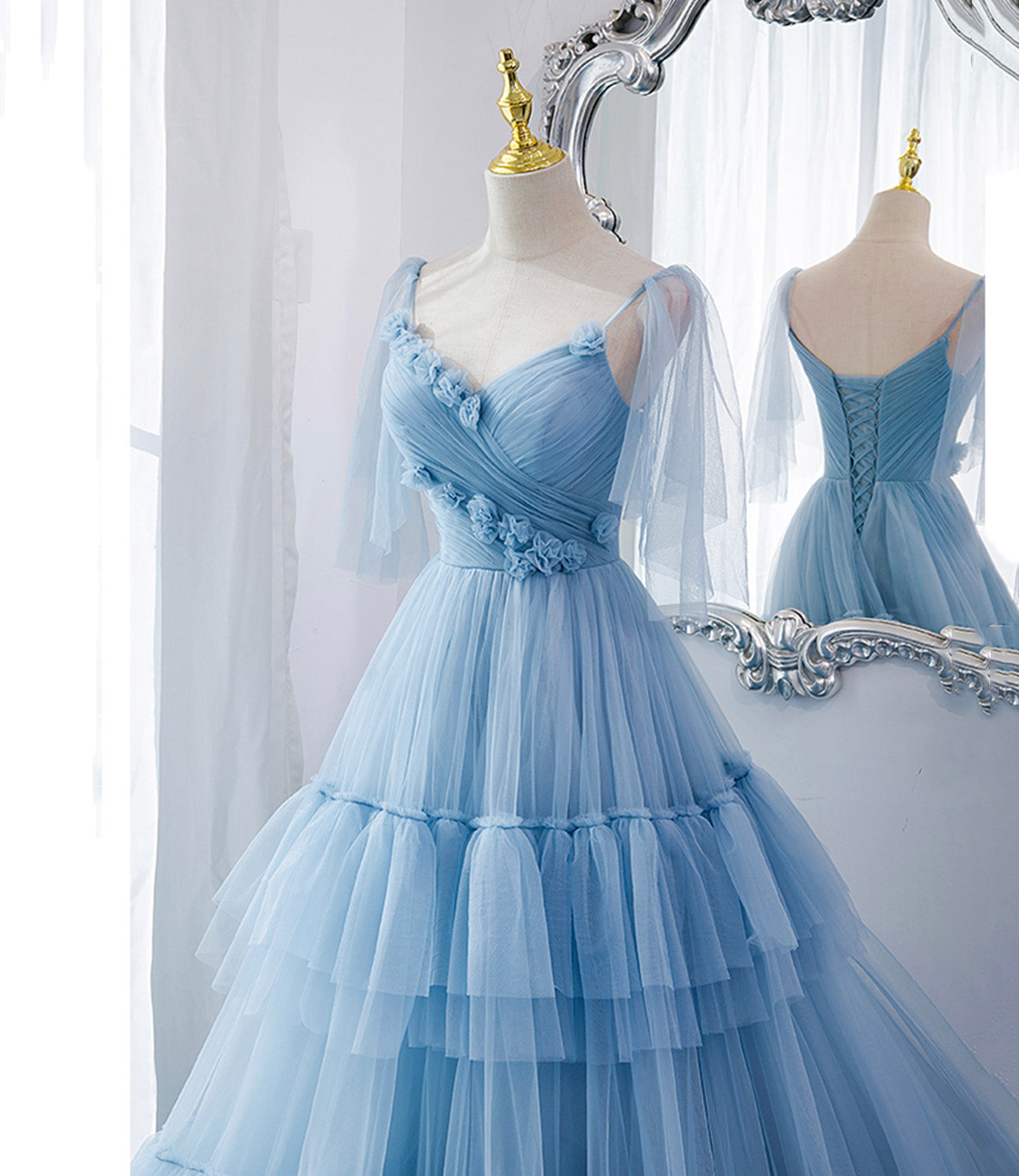 Blue tulle long A line prom dress blue evening dress  10551