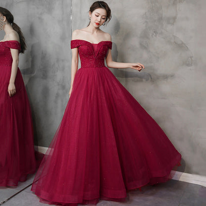 Burgundy tulle beads long prom dress A line evening dress  8997