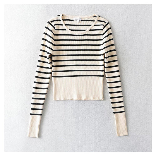 U-neck striped long sleeve slim fitting bottomed sweater for women  7736