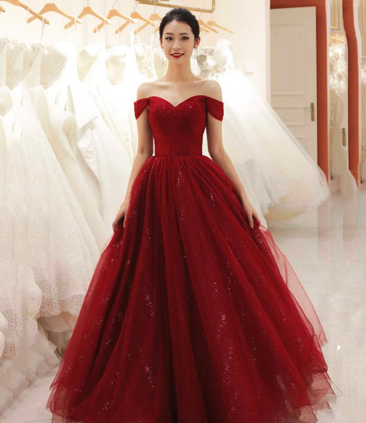 Burgundy tulle long A line prom dress evening dress  8734